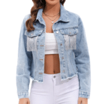 Veste western courte femme bleu clair franges chaînes argentées (3)