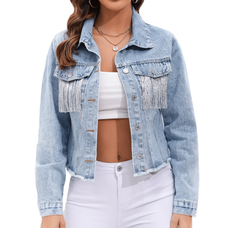 Veste western courte femme bleu clair franges chaînes argentées (3)