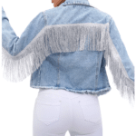 Veste western courte femme bleu clair franges chaînes argentées (4)