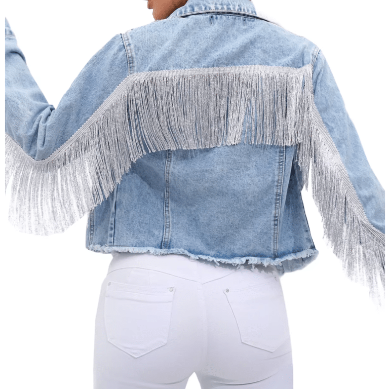 Veste western courte femme bleu clair franges chaînes argentées (4)
