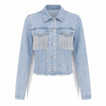 Veste western courte femme bleu clair franges chaînes argentées (5)