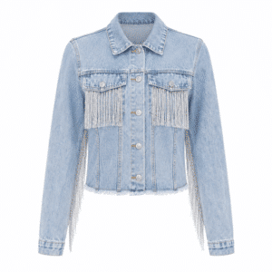 Veste western courte femme bleu clair franges chaînes argentées