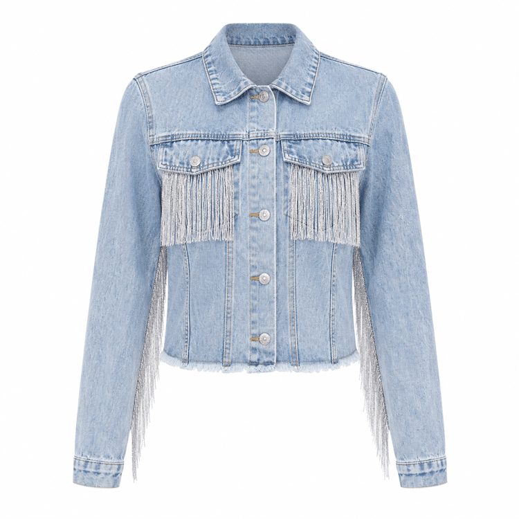 Veste western courte femme bleu clair franges chaînes argentées (5)