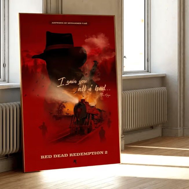 Affiche Red Dead rouge cowboy et train