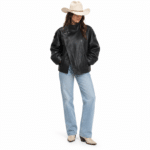 Blouson femme noir effet cuir oversize col montant années 80