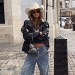 Blouson femme noir effet cuir oversize col montant années 80 (2)