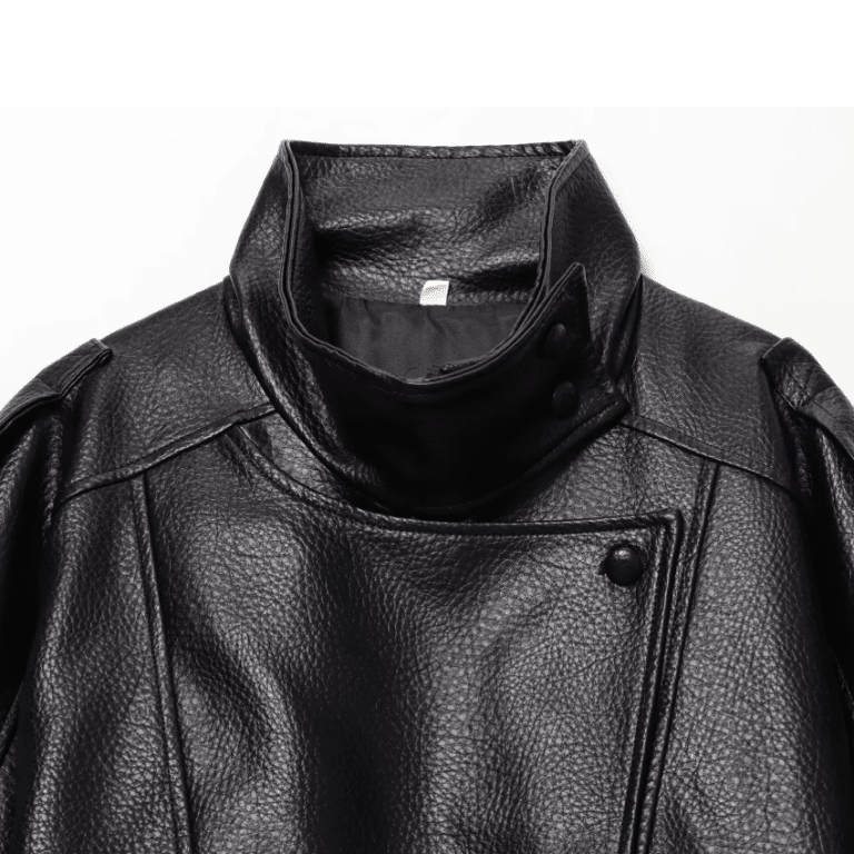 Blouson femme noir effet cuir oversize col montant années 80 (5)