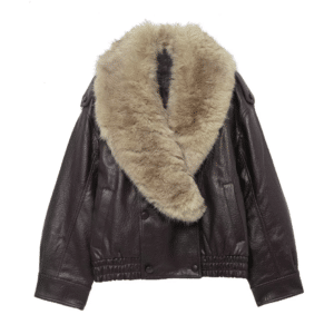 Blouson oversize marron rétro en cuir et fourrure synthétiques