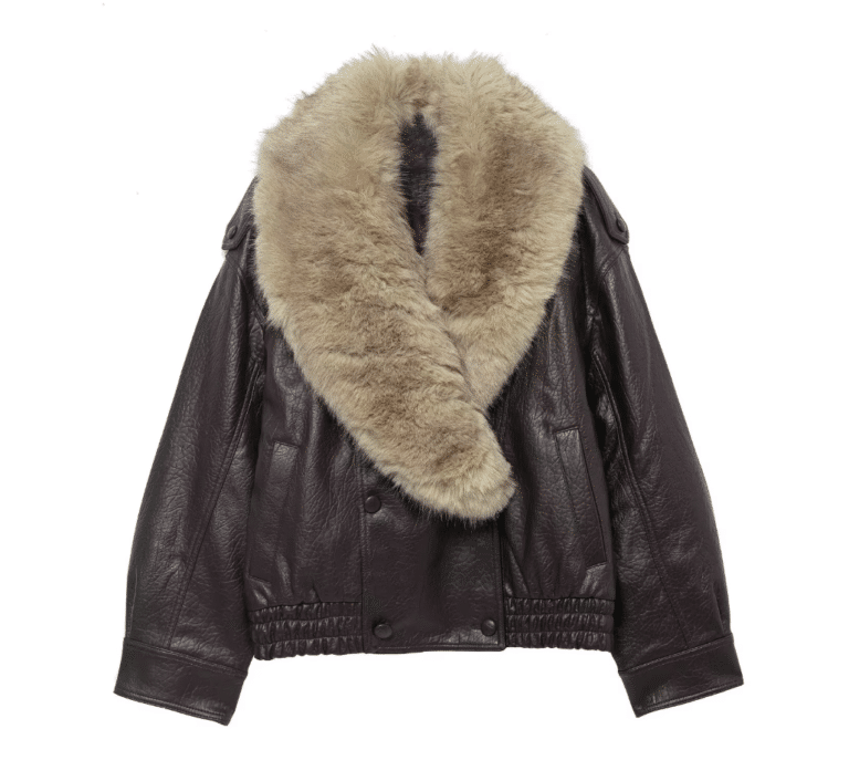 Blouson oversize marron rétro en cuir et fourrure synthétiques (1)