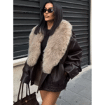 Blouson oversize marron rétro en cuir et fourrure synthétiques (2)