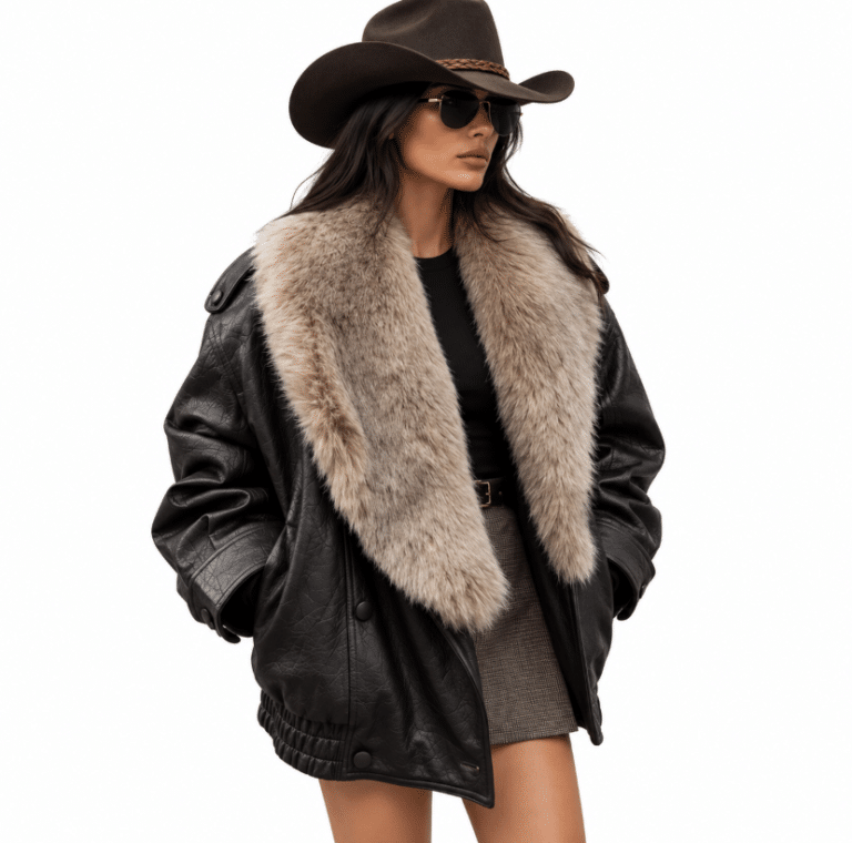 Blouson oversize marron rétro en cuir et fourrure synthétiques (3)