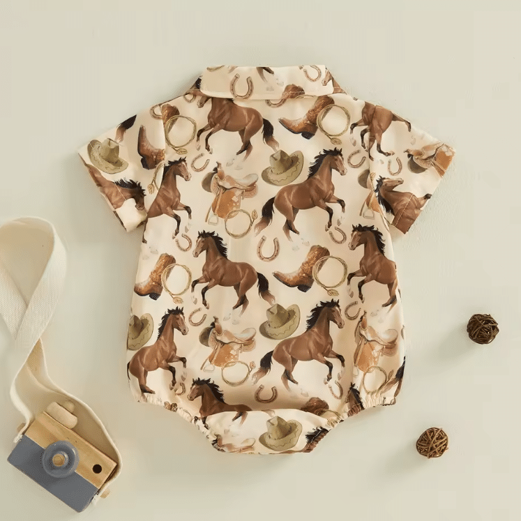 Body bébé cowboy beige chevaux (1)