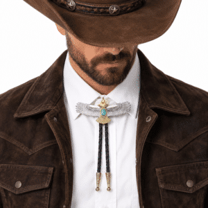 Bolo tie aigle argenté et doré pierre turquoise