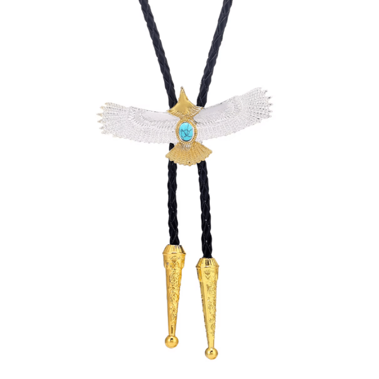 Bolo tie aigle argenté et doré pierre turquoise (3)
