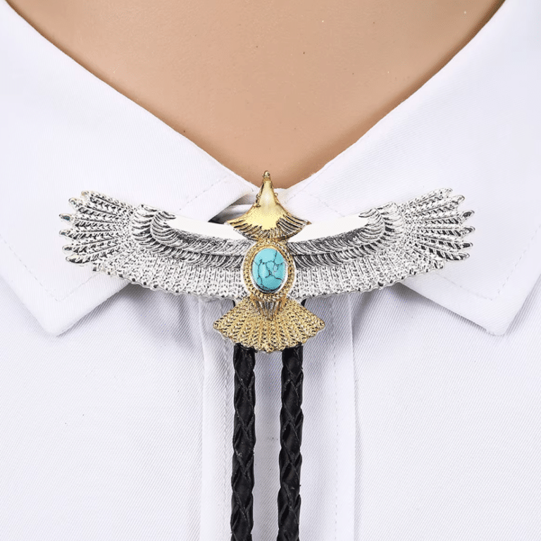 Bolo tie aigle argenté et doré pierre turquoise (4)