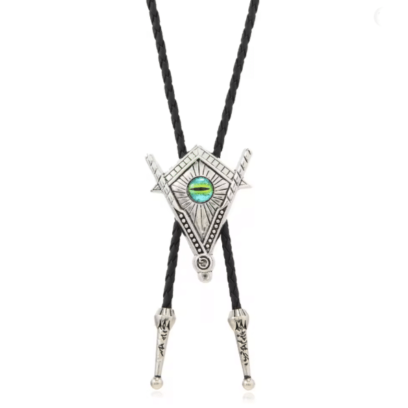 Bolo tie argenté maçonnique œil vert (3)