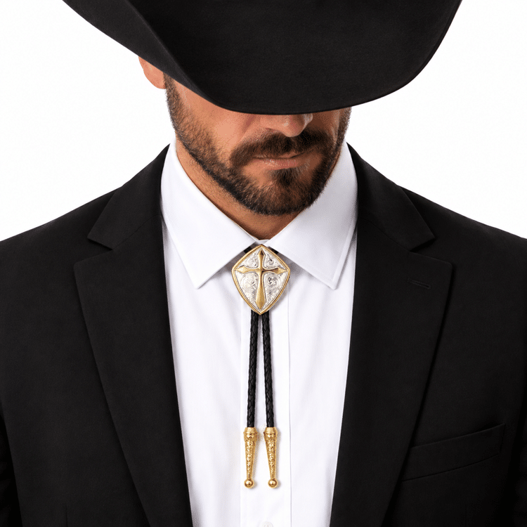 Bolo tie croix chrétienne dorée et argentée (2)