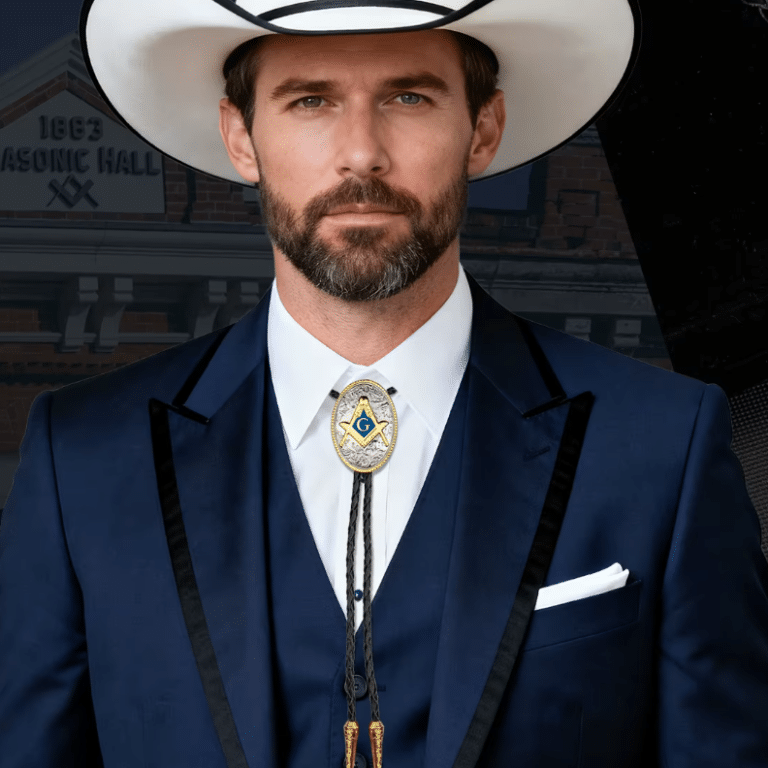 Bolo tie ovale argenté et doré symbole maçonnique bleu (2)