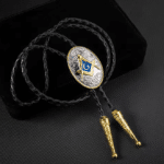Bolo tie ovale argenté et doré symbole maçonnique bleu (4)