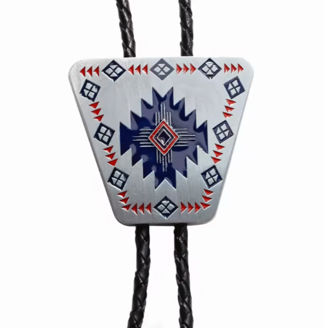 Bolo tie trapèze argenté noir à motif géométrique western (1)