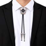 Bolo tie trapèze argenté noir à motif géométrique western (2)