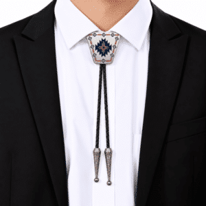 Bolo tie trapèze argenté noir à motif géométrique western