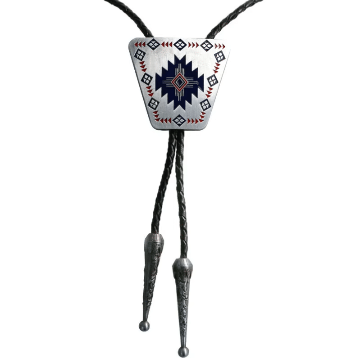 Bolo tie trapèze argenté noir à motif géométrique western (4)