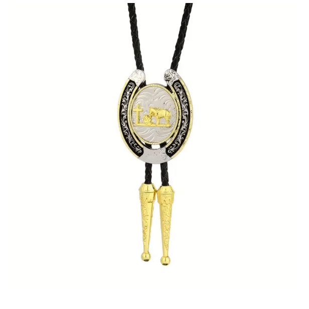 Bolo tie western chrétien fer à cheval doré et argenté (1)