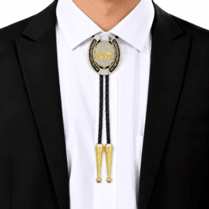 Bolo tie western chrétien fer à cheval doré et argenté
