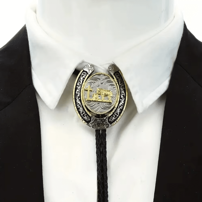 Bolo tie western chrétien fer à cheval doré et argenté (5)