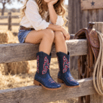 Bottes cowboy enfant bleu noir broderies rouges (1)