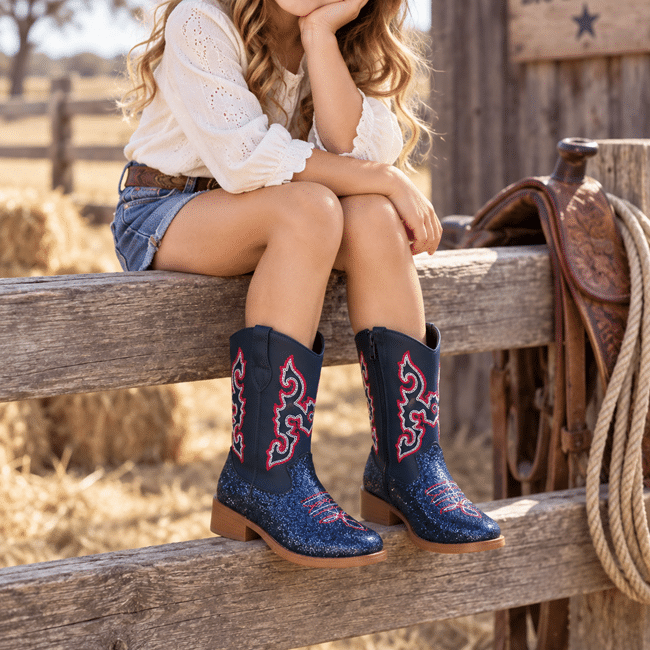 Bottes cowboy enfant bleu noir broderies rouges (1)