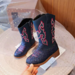 Bottes cowboy enfant bleu noir broderies rouges (3)