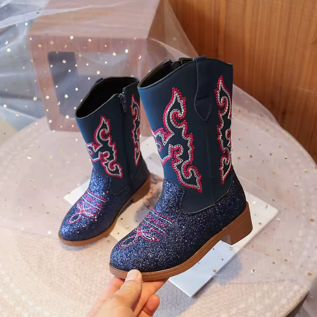 Bottes cowboy enfant bleu noir broderies rouges (3)