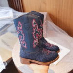Bottes cowboy enfant bleu noir broderies rouges (4)