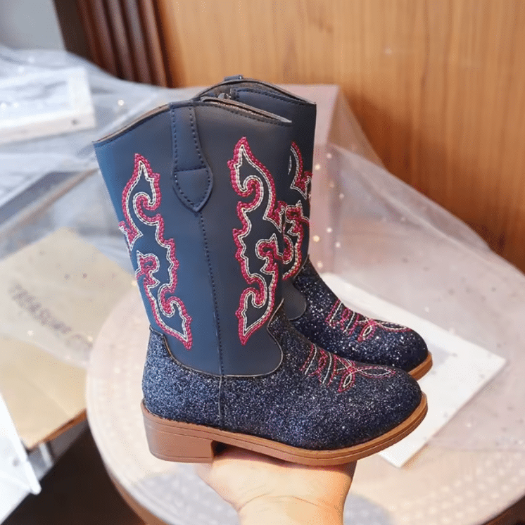 Bottes cowboy enfant bleu noir broderies rouges (4)