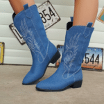 Bottes cowboy femme bleues brodés blancs (3)