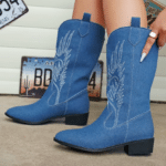Bottes cowboy femme bleues brodés blancs (4)