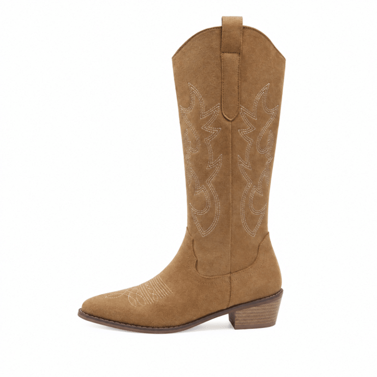 Bottes cowboy femme camel effet daim brodés (3)