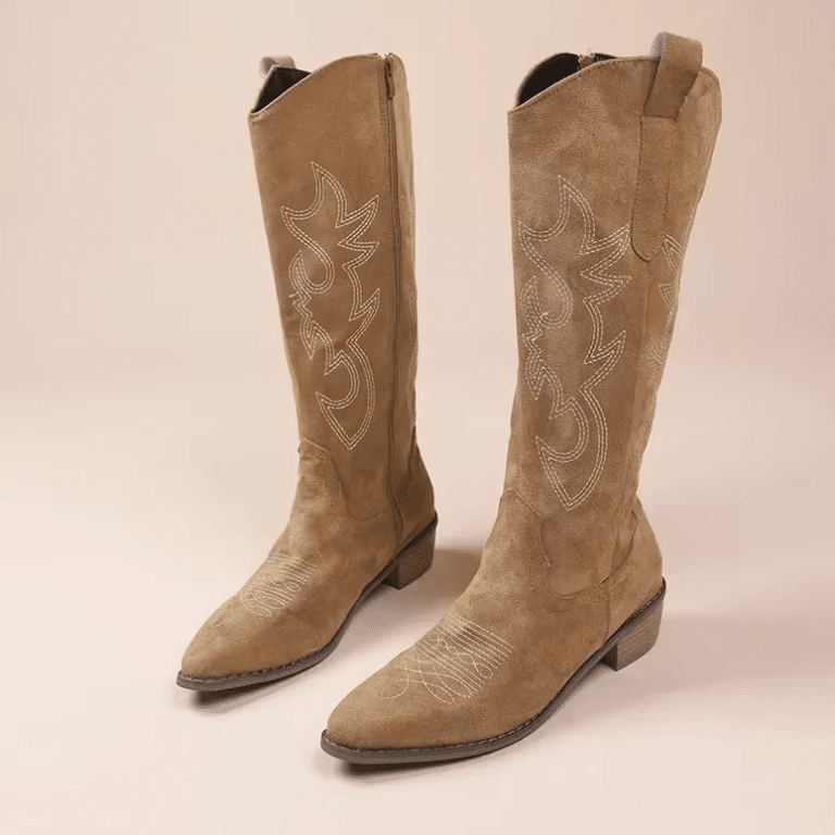 Bottes cowboy femme camel effet daim brodés (5)