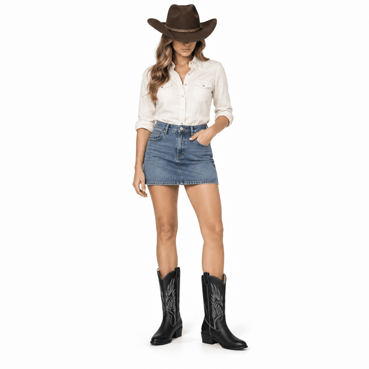 Bottes cowboy femme cuir vegan noir broderies blanches (1)