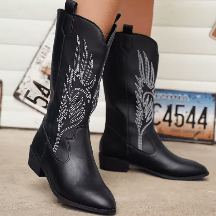 Bottes cowboy femme cuir vegan noir broderies blanches (4)