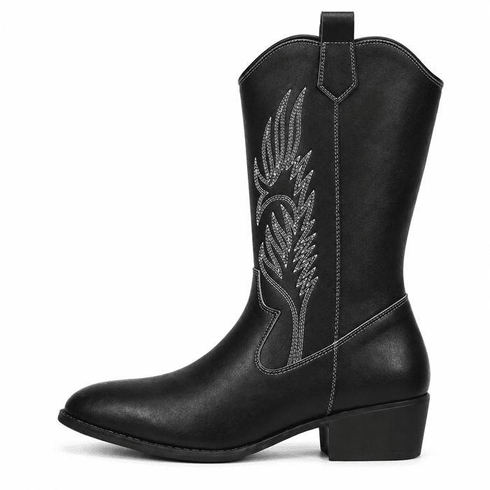 Bottes cowboy femme cuir vegan noir broderies blanches