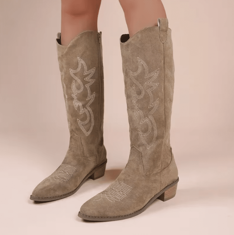 Bottes cowboy femme taupe effet daim brodées (5)