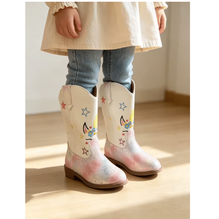 Bottes cowboy fille blanches paillettes licorne et étoiles (1)