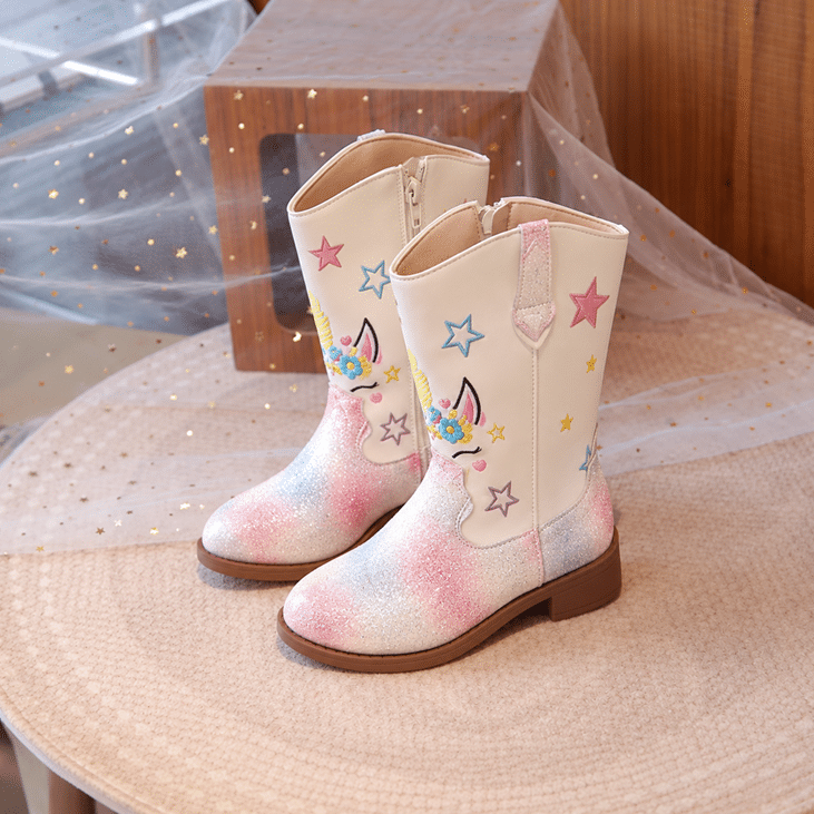 Bottes cowboy fille blanches paillettes licorne et étoiles (2)