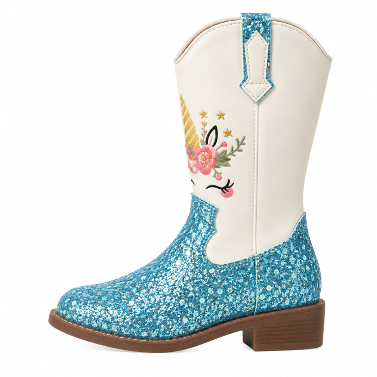 Bottes cowboy fille blanches paillettes licorne et étoiles