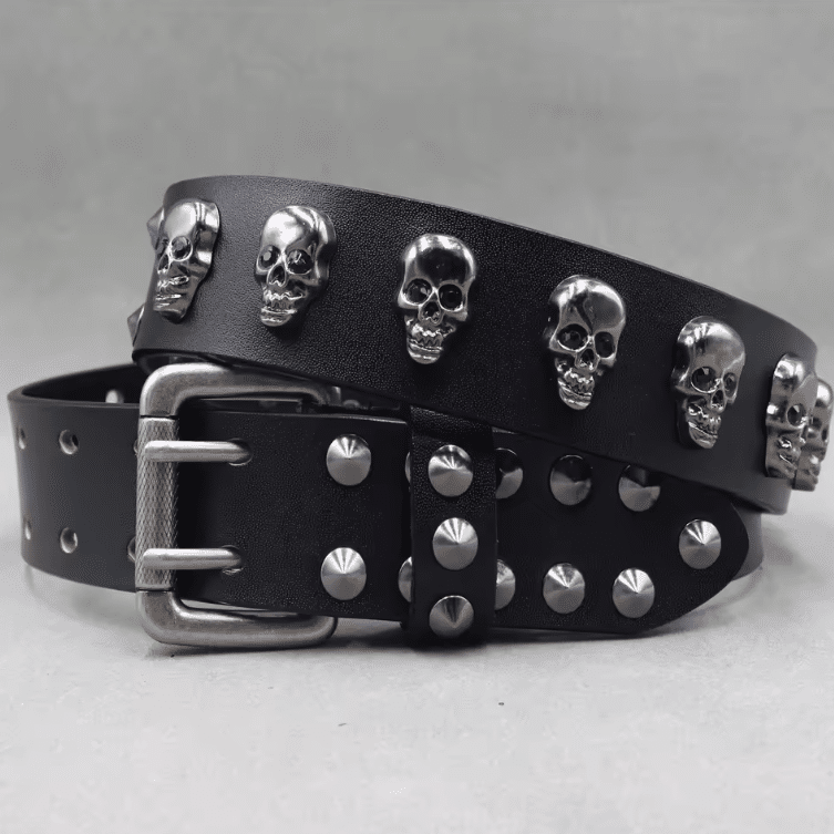 Ceinture biker noire cuir et têtes de mort (3)