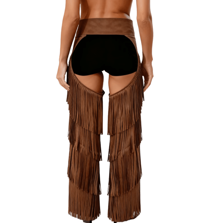 Chaps femme marron longues franges style cowboy (1)
