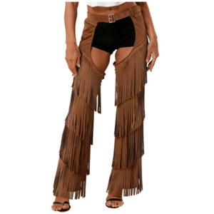 Chaps femme marron longues franges style cowboy